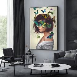 girl and butterflies canvas, abstract woman wall poster, modern home decor, wall art canvas design, framed canvas ready