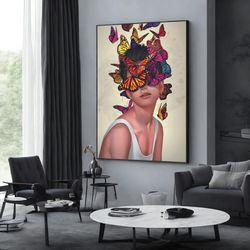 girl and butterflies canvas, abstract woman wall poster, modern home decor, wall art canvas design, framed canvas ready