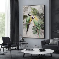 parrot art prints, bird wall art, tropical wall art, vintage wall art decor, wall art canvas design, framed canvas ready