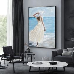 pretty lady on the beach canvas painting, minimalist print, wall art canvas design, framed canvas ready to hang