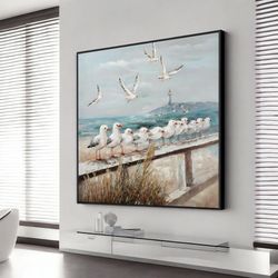 seagull wall art white painting canvas prints birds beach themed coastal, extra large wall art design, framed canvas rea