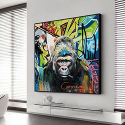 smoking gorilla canvas wall art, wall art, gorilla smoking print, animal poster, wall art canvas design, framed canvas r