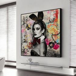 street art play bunny woman canvas painting, banksy canvas art, banksy poster, wall art canvas design, framed canvas rea