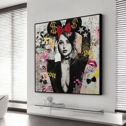 street art play-mouse woman canvas painting, banksy canvas art, banksy poster, wall art canvas design, framed canvas rea