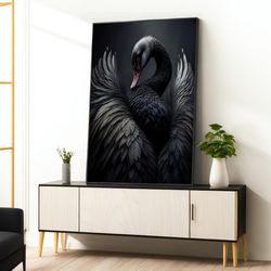 swan painting, black swan art, swan wall art, swan decor, bird painting, wall art canvas design, framed canvas ready to