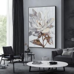 white flowers canvas painting, flowers wall art, flower canvas, flowers print, extra large wall art design, framed canva