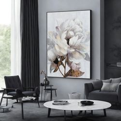 white flowers canvas painting, flowers wall art, flower canvas, flowers print, extra large wall art design, framed canva