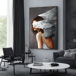 wing woman canvas print, woman with feather head wall decor, woman with flower canvas art, wall art canvas design, frame