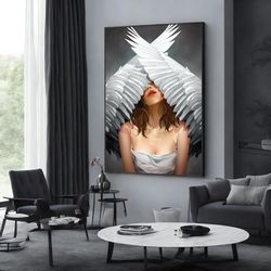 wing woman canvas print, woman with feather head wall decor, woman with flower canvas art, wall art canvas design, frame