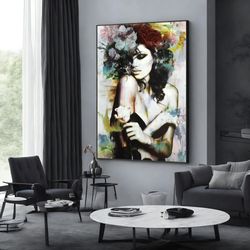 woman and colorful rose canvas art, flower head woman wall art,blooming woman head, wall art canvas design, framed canva