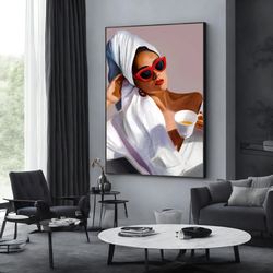 woman drinking coffee canvas, woman painting, popular woman canvas print, wall art canvas design, framed canvas ready to