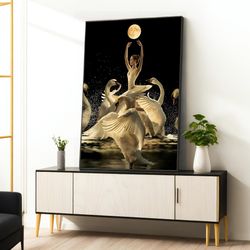 woman in dancing dress canvas painting, dancing woman poster, dancing woman print dancing seagulls wall art canvas desig