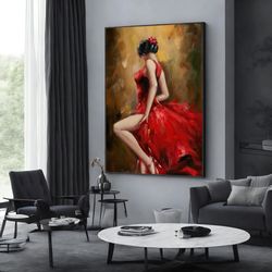 woman in red dress canvas painting, picture of beautiful lady in dress, wall art canvas design, framed canvas ready to h