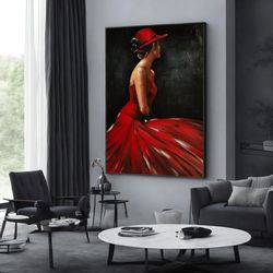 woman in red dress canvas painting, picture of beautiful lady in dress, wall art canvas design, framed canvas ready to h