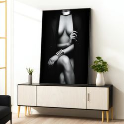 woman in sexy jacket canvas painting, sexy girl canvas wall art, modern woman canvas painting, erotic woman canvas art,