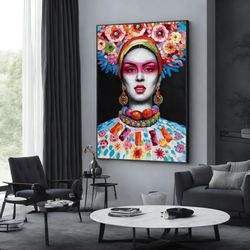 woman with flower decoration, flower head woman portrait, flower body painting, wall art canvas design, framed canvas re