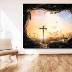 jesus empty tomb with shroud and crucifixion at sunrise print art canvas, resurrection of jesus poster, christian wall a