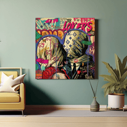 kissing couple pop art canvas wall art, love art canvas poster, square print modern wall art