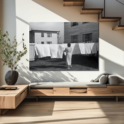 laundry day canvas print, black and white art, vintage wall art, laundry clothesline, old photo