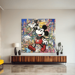 mickey mouse graffiti pop art canvas wall art, mickey mouse cartoon poster print, square modern wall art