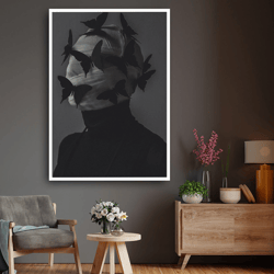mummy man with black butterflies, man portrait, surreal wall art, surreal art, home dcor