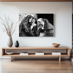 nuns smoking, black and white canvas wall art, vintage wall art, funny wall art, smoking nuns print, printable art