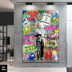 pop art einstein love is the answer canvas wall art, banksy einstein art, street graffiti wall art, einstein