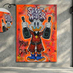 scrooge mcduck pop art, drink champagne mural art print, duck pop art, comic canvas, cartoon wall art, framed canvas