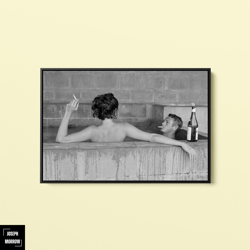 steve mcqueen with wife champagne bath canvas wall art , american actors poster
