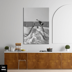 woman drinking wine in bed canvas art, feminist poster, black and white, alcohol wall art, bar cart print, girl room dco