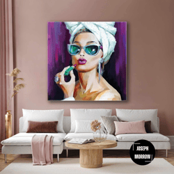 lipstick wall art, audrey hepburn style wall art, gift for her, roll up canvas, stretched canvas art, framed wall art pa