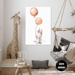 little baby rabbit wall art, balloons canvas art, kids room wall decor, roll up canvas, stretched canvas art, framed wal