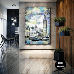 london wall art, clock tower canvas art, retro bus wall decor, roll up canvas, stretched canvas art, framed wall art pai