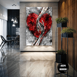 lovers wall art, red heart canvas art, love, living room wall decor, roll up canvas, stretched canvas art, framed wall a
