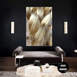 luxury wall art, gold detail wall decor, feather wall art, roll up canvas, stretched canvas art, framed wall art paintin