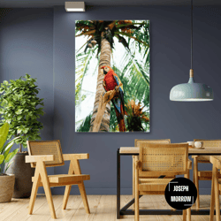 macaw parrot wall art, tropical forest canvas art, animal wall decor, roll up canvas, stretched canvas art, framed wall