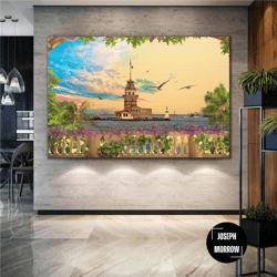 maiden's tower bosphorus landscape roll up canvas, stretched canvas art, framed wall art painting