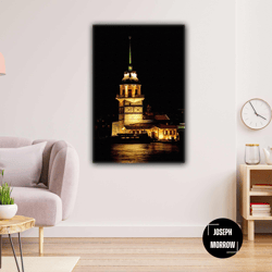 maiden's tower istanbul night landscape yellow light roll up canvas, stretched canvas art, framed wall art painting