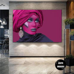make up woman with pink earrings and feathers roll up canvas, stretched canvas art, framed wall art painting