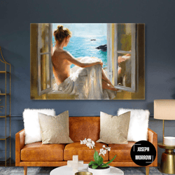 model in white dress sitting window seascape roll up canvas, stretched canvas art, framed wall art painting