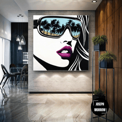 model reflected in glasses of palm trees fashion modern illustration roll up canvas, stretched canvas art, framed wall a