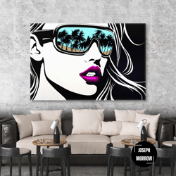 model reflected in glasses of palm trees fashion modern illustration roll up canvas, stretched canvas art, framed wall a