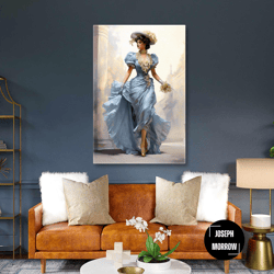 model with blue floating dress and white hat gold details roll up canvas, stretched canvas art, framed wall art painting
