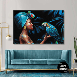model with blue parrot and ethnic hair accessory roll up canvas, stretched canvas art, framed wall art painting
