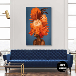model with burgundy lipstick and orange flowers on her head roll up canvas, stretched canvas art, framed wall art painti