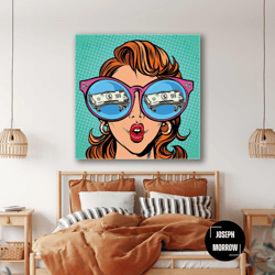 model with dollar reflected in her pink glasses pop art roll up canvas, stretched canvas art, framed wall art painting