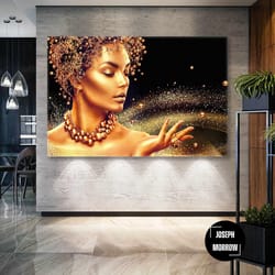 model with gold accessories gold makeup beauty salon roll up canvas, stretched canvas art, framed wall art painting