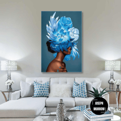 model with green nail polish and blue flowers on her head roll up canvas, stretched canvas art, framed wall art painting