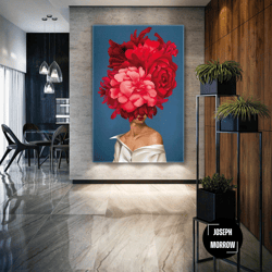 model with red flowers on her head roll up canvas, stretched canvas art, framed wall art painting