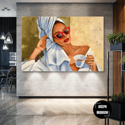model with red glasses and red lipstick drinking coffee roll up canvas, stretched canvas art, framed wall art painting-1